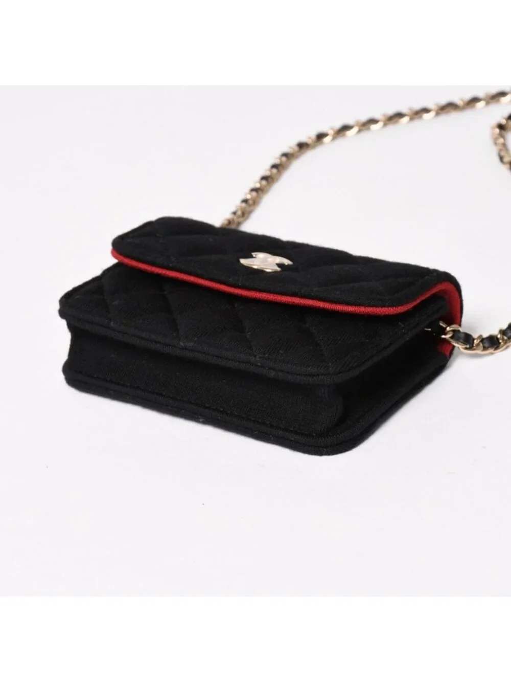 Chanel Mini Quilted Chain Shoulder Bag CC Logo Stand Black Gold Cotton